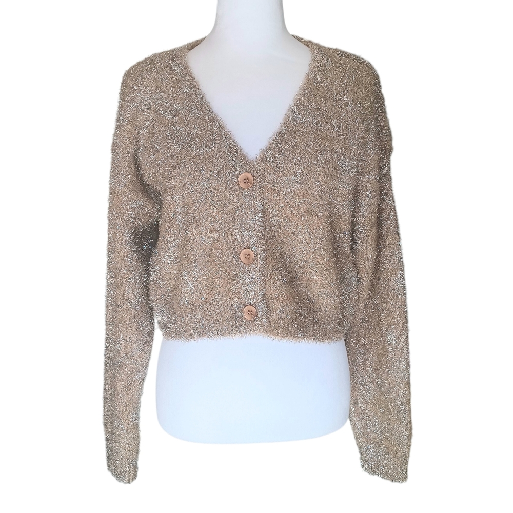 Forever 21 Cardigan Wrap Women's‎ Size Medium Tan/Silver Tan Button-Up Sweater